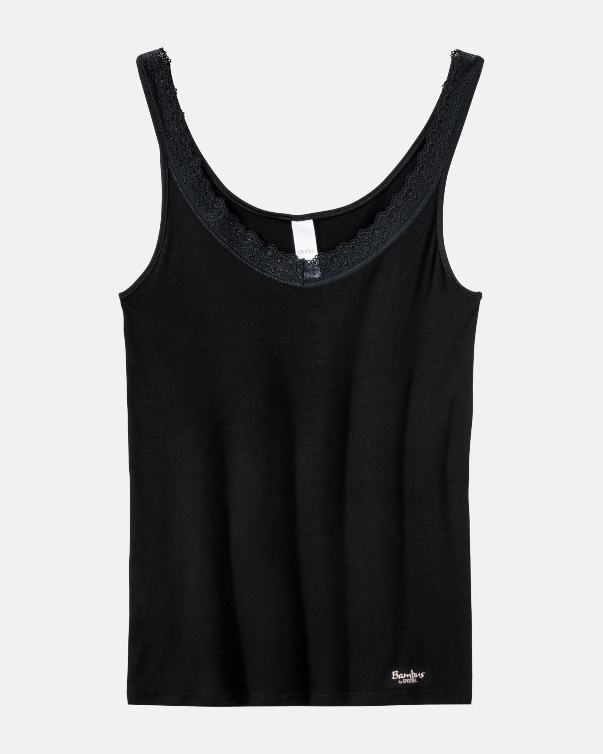 Achselhemd in schwarz aus der Serie Bambus, flach auf einer Oberfläche liegend.