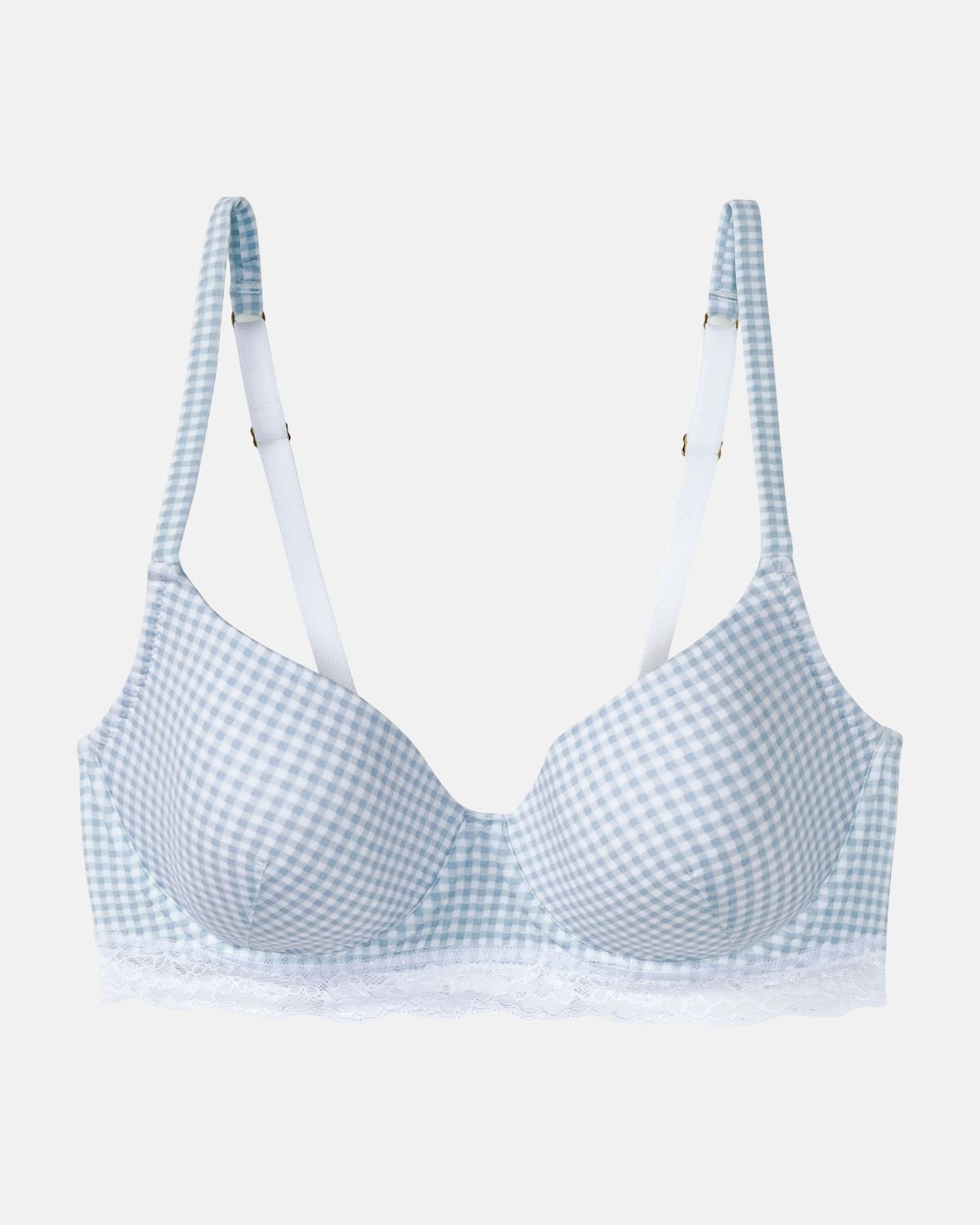 Schalen BH mit Bügel in vichy aquamarin aus der Serie Rosa, flach auf einer Oberfläche liegend.