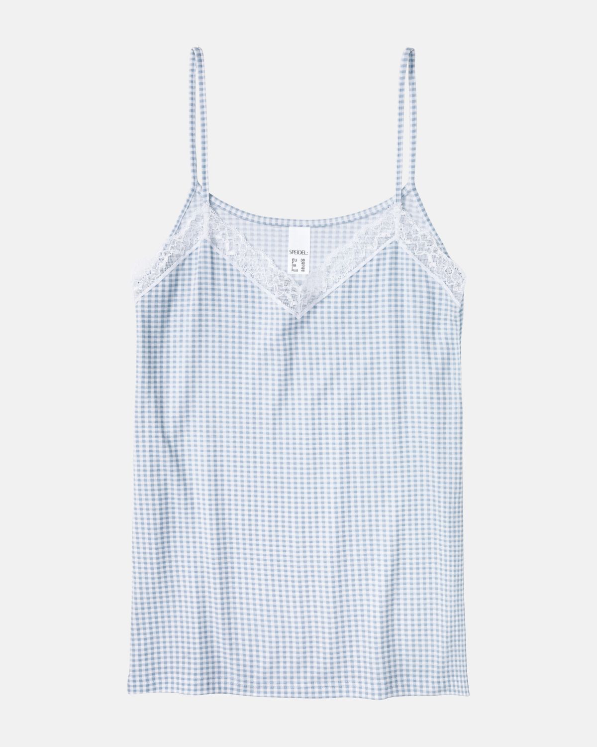 Hemd in vichy aquamarin aus der Serie Rosa, flach auf einer Oberfläche liegend.