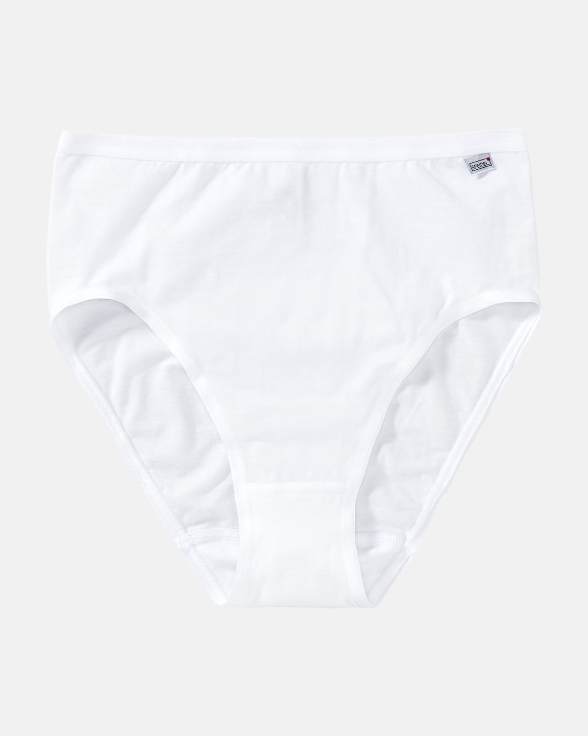 Hüftslip in weiß aus der Serie Britta, flach auf einer Oberfläche liegend.