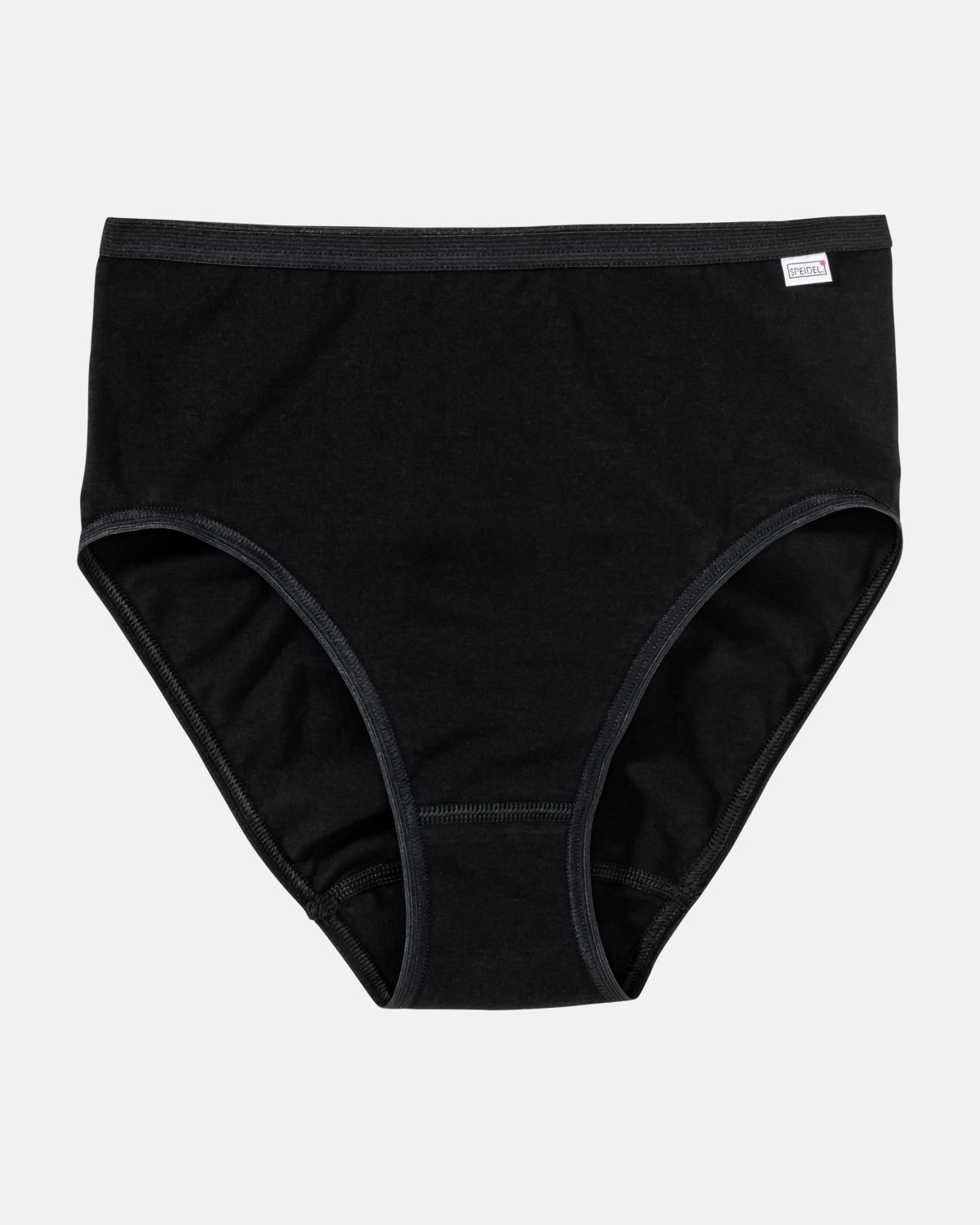 Hüftslip in schwarz aus der Serie Britta, flach auf einer Oberfläche liegend.