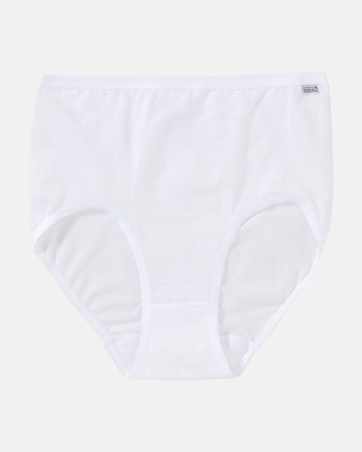 Taillenslip in weiß aus der Serie Britta, flach auf einer Oberfläche liegend.