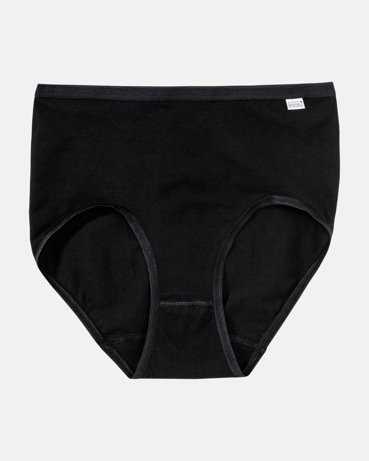 Taillenslip in schwarz aus der Serie Britta, flach auf einer Oberfläche liegend.