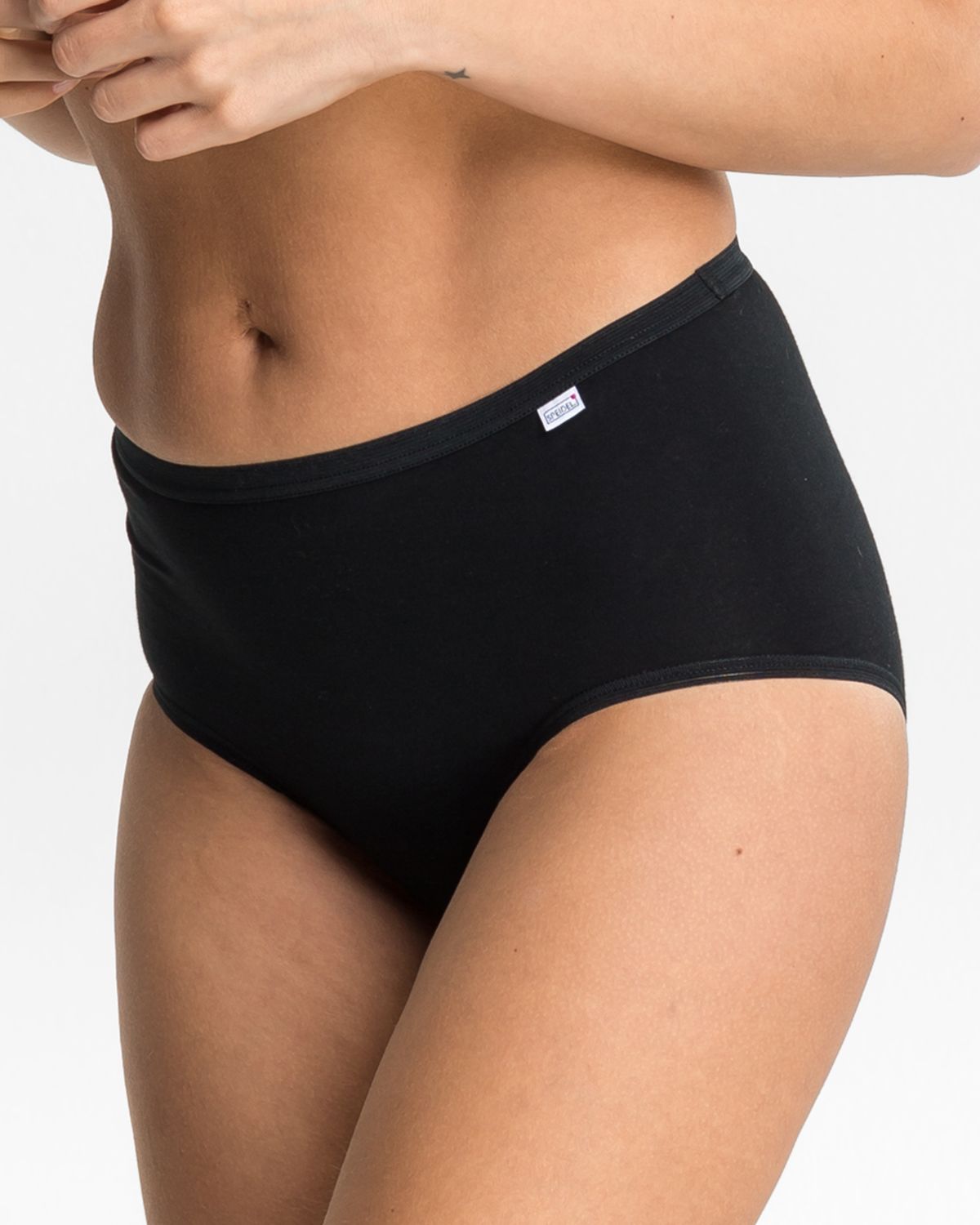 Model trägt Taillenslip in schwarz aus der Serie Britta, Ansicht von vorne.