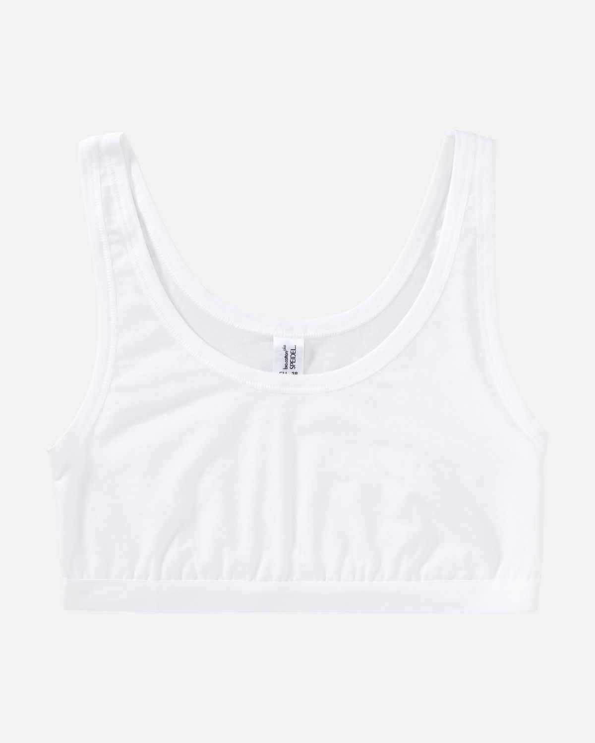 Achselbustier in weiß aus der Serie Bio Cotton plus, flach auf einer Oberfläche liegend.