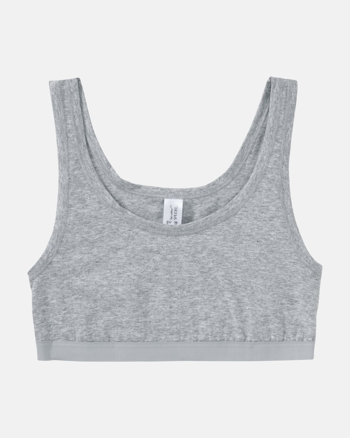 Achselbustier in kiesel mélé aus der Serie Bio Cotton plus, flach auf einer Oberfläche liegend.