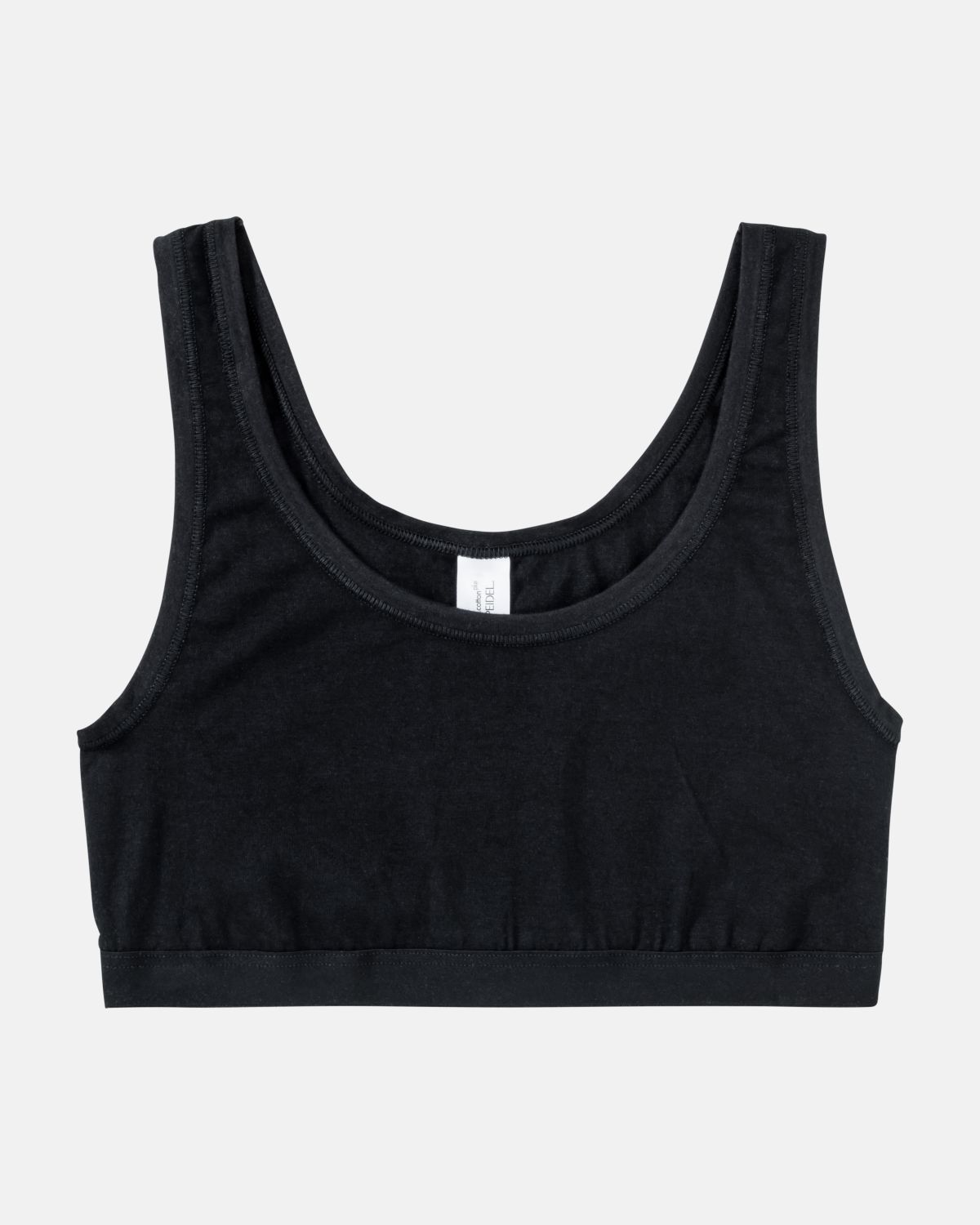 Achselbustier in schwarz aus der Serie Bio Cotton plus, flach auf einer Oberfläche liegend.