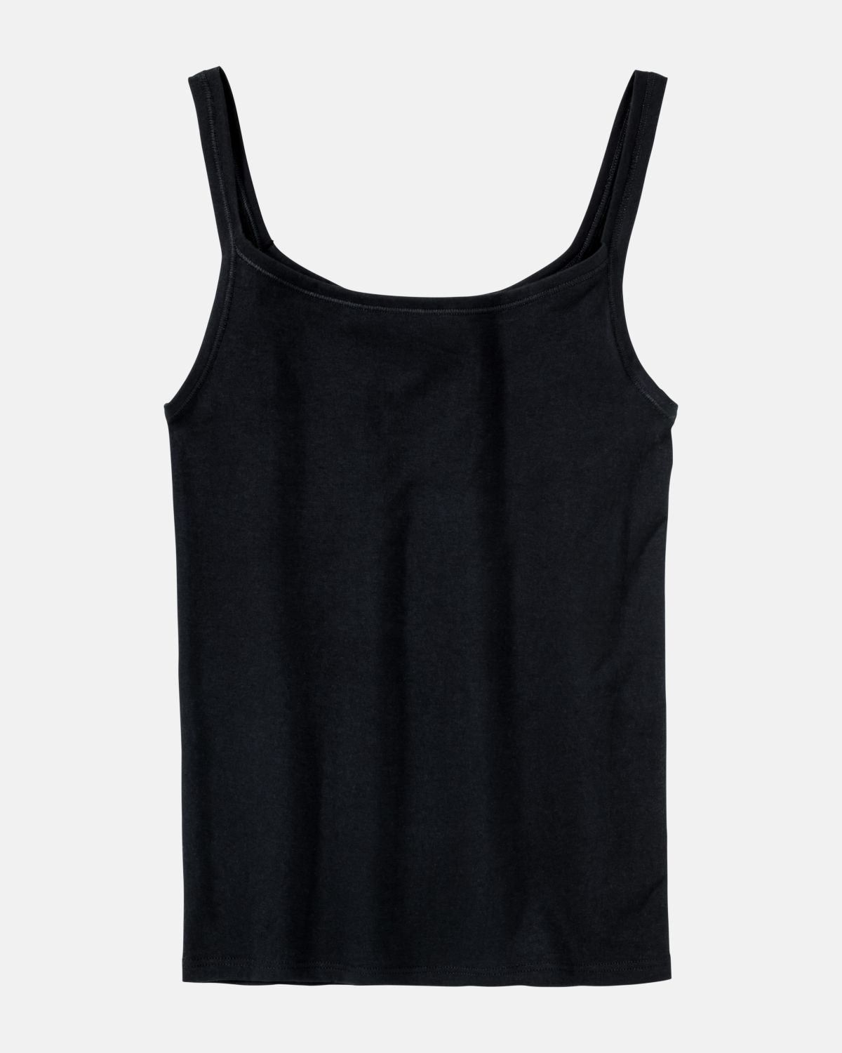 Trägerhemd in schwarz aus der Serie Bio Cotton plus, flach auf einer Oberfläche liegend.