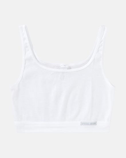 Trägerbustier in weiß aus der Serie Bio Cotton, flach auf einer Oberfläche liegend.