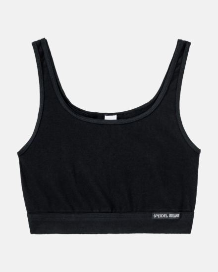Trägerbustier in schwarz aus der Serie Bio Cotton, flach auf einer Oberfläche liegend.