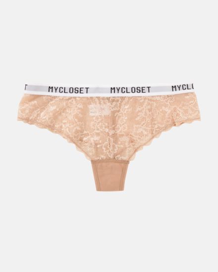 Brazilstring in caramel aus der Serie Logo Lover, flach auf einer Oberfläche liegend.