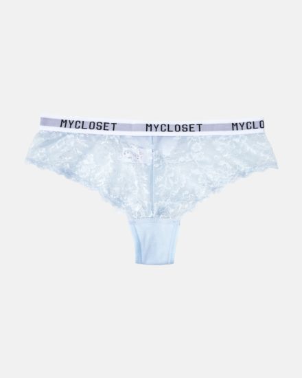 Brazilstring in aquamarin aus der Serie Logo Lover, flach auf einer Oberfläche liegend.