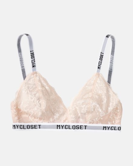 Bralette in lychee aus der Serie Logo Lover, flach auf einer Oberfläche liegend.