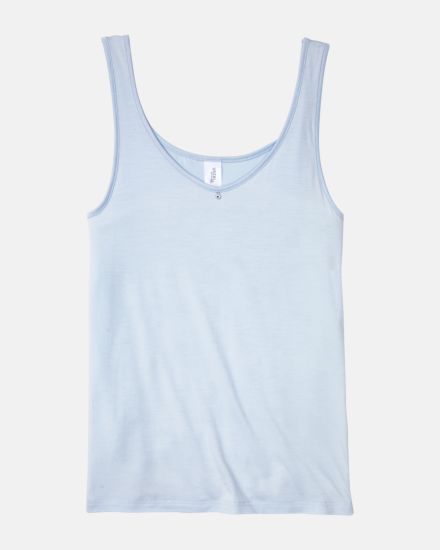 Achselhemd in aquamarin aus der Serie Sensuelle, flach auf einer Oberfläche liegend.