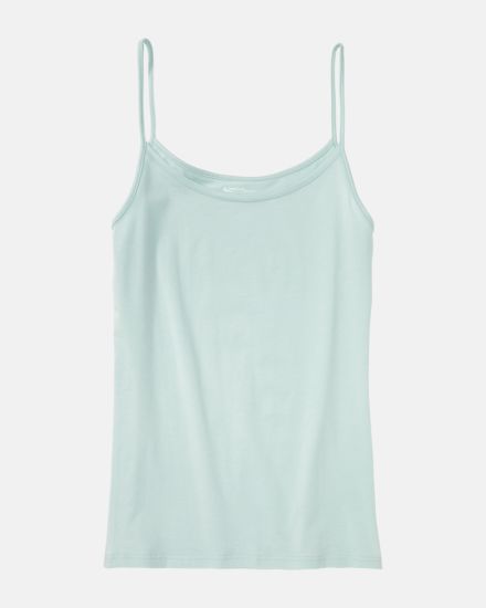 Spaghettitop in minze aus der Serie Natural Beauty, flach auf einer Oberfläche liegend.