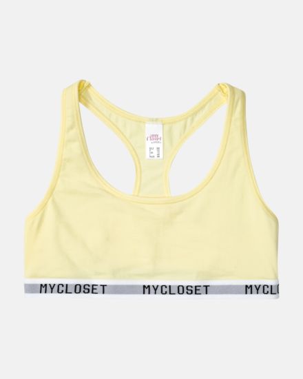 Bustier Racerback in zitrone aus der Serie Logo Lover, flach auf einer Oberfläche liegend.