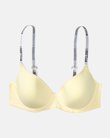 T-Shirt BH mit Schalen in zitrone aus der Serie Logo Lover, flach auf einer Oberfläche liegend.