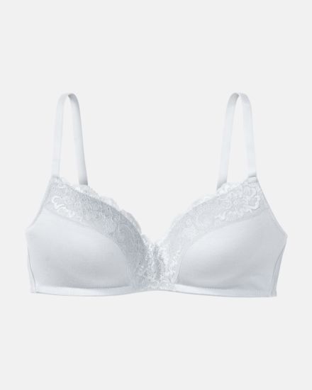 Schalen BH non wired in silbergrau aus der Serie Sensuelle Lace, flach auf einer Oberfläche liegend.