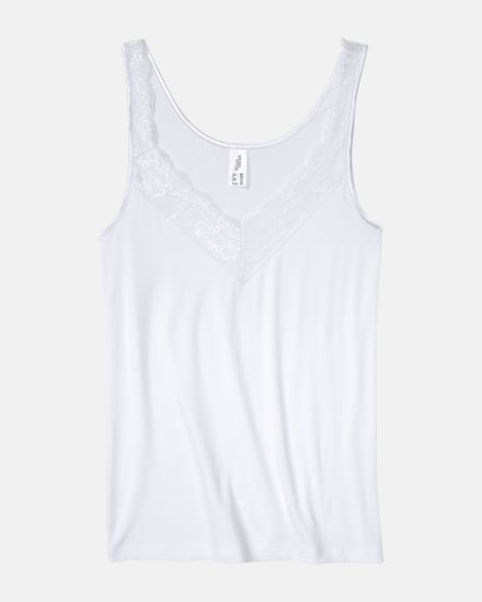 Achselhemd in weiß aus der Serie Sensuelle Lace, flach auf einer Oberfläche liegend.