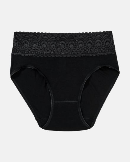 Midislip in schwarz aus der Serie Sofia Lace, flach auf einer Oberfläche liegend.