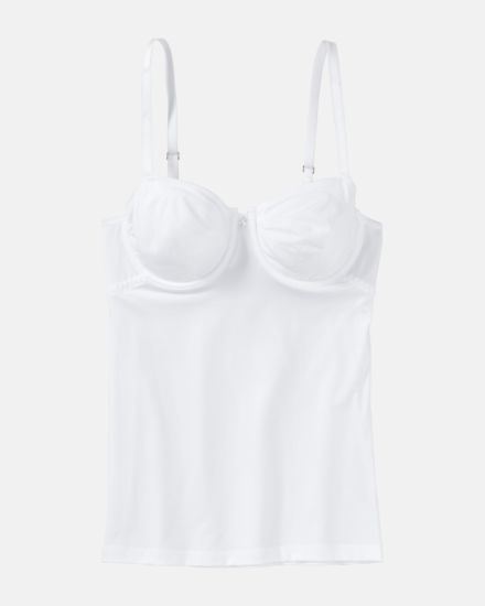 Bügel BH Hemd gemoldet in weiß aus der Serie Sidney, flach auf einer Oberfläche liegend.