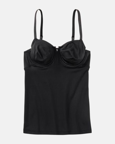 Bügel BH Hemd gemoldet in schwarz aus der Serie Sidney, flach auf einer Oberfläche liegend.