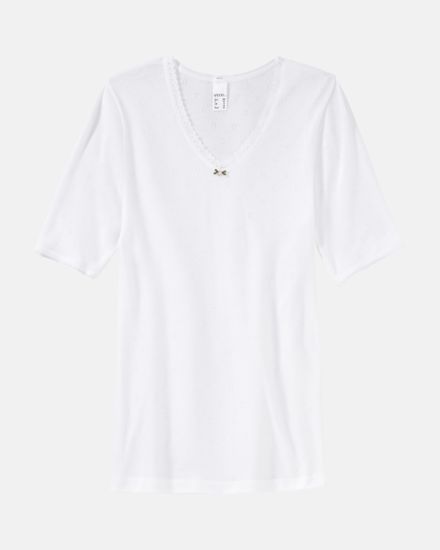 Spencer 1/4 Arm in weiß aus der Serie Nina, flach auf einer Oberfläche liegend.