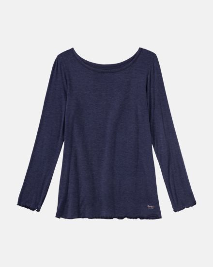 Shirt 1/1 Arm in blueberry mélé aus der Serie Stephanie, flach auf einer Oberfläche liegend.