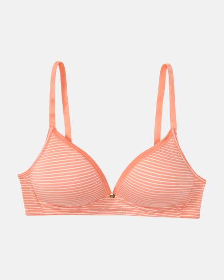 Schalen BH Triangle in melone / off white aus der Serie Rebecca, flach auf einer Oberfläche liegend.