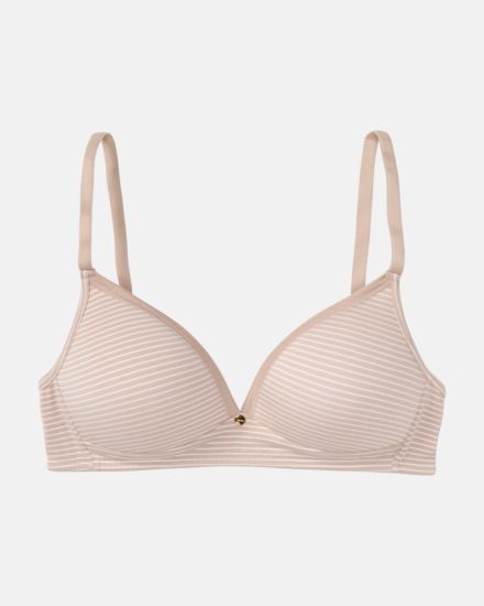 Schalen BH Triangle in cashew / off white aus der Serie Rebecca, flach auf einer Oberfläche liegend.