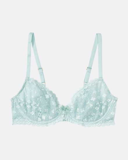 Bügel BH Balcony in minze aus der Serie Romina, flach auf einer Oberfläche liegend.