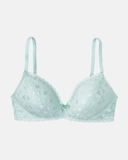 Schalen BH non wired in minze aus der Serie Romina, flach auf einer Oberfläche liegend.