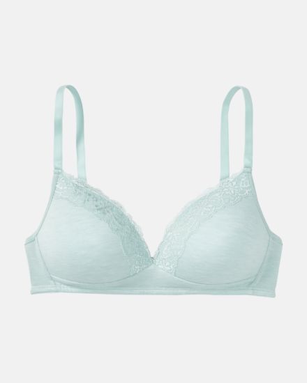 Schalen BH Triangle in minze mélé aus der Serie Rahel, flach auf einer Oberfläche liegend.