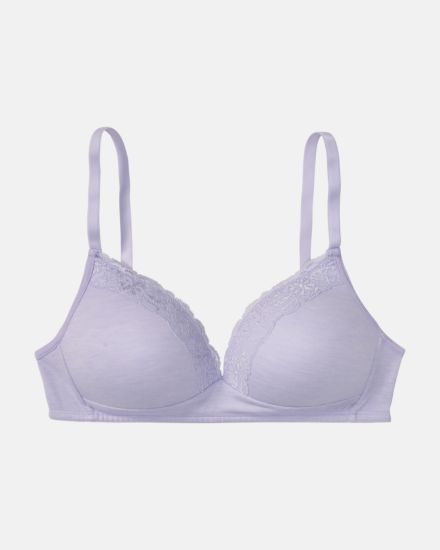 Schalen BH Triangle in lavendel mélé aus der Serie Rahel, flach auf einer Oberfläche liegend.