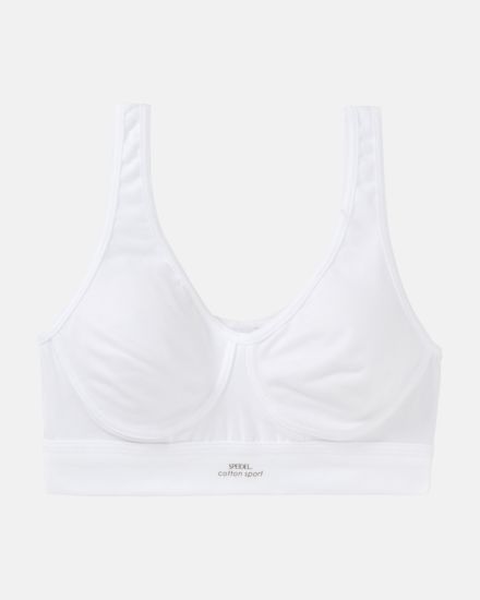 Achselbustier in weiß aus der Serie Cotton Sport, flach auf einer Oberfläche liegend.