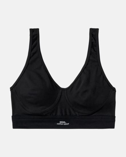 Achselbustier in schwarz aus der Serie Cotton Sport, flach auf einer Oberfläche liegend.