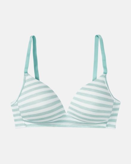 Schalen BH Triangle in minze / off white aus der Serie Regina, flach auf einer Oberfläche liegend.