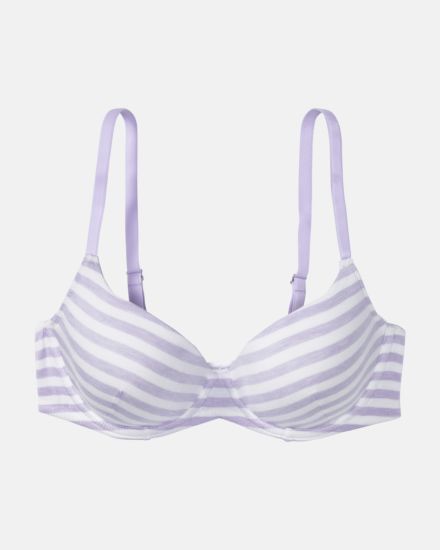 Schalen BH mit Bügel in lavendel / off white aus der Serie Regina, flach auf einer Oberfläche liegend.