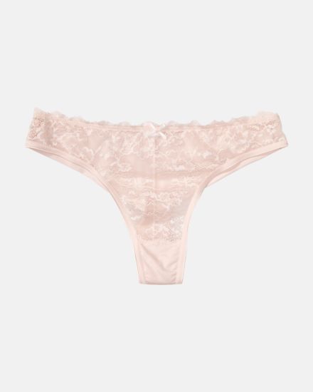 Brazilstring in lychee aus der Serie Lacy, flach auf einer Oberfläche liegend.