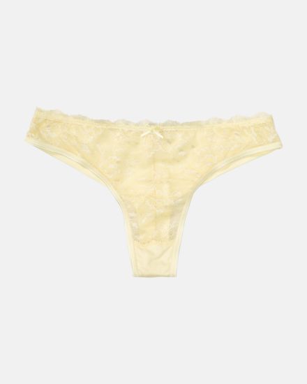 Brazilstring in zitrone aus der Serie Lacy, flach auf einer Oberfläche liegend.