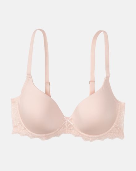 Schalen BH mit Bügel in lychee aus der Serie Lacy, flach auf einer Oberfläche liegend.