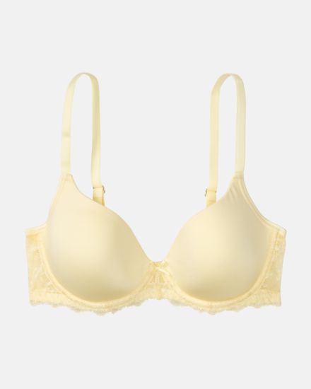 Schalen BH mit Bügel in zitrone aus der Serie Lacy, flach auf einer Oberfläche liegend.