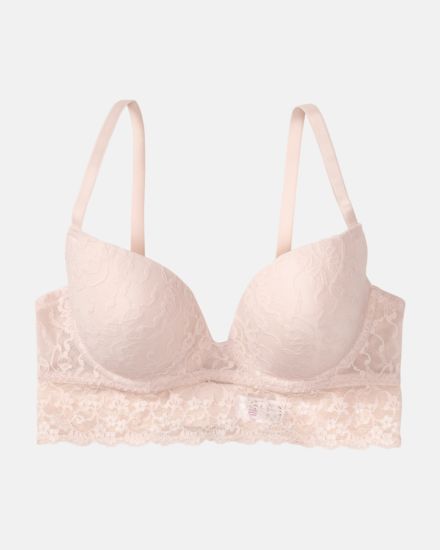 Schalen BH Longline in lychee aus der Serie Lacy, flach auf einer Oberfläche liegend.