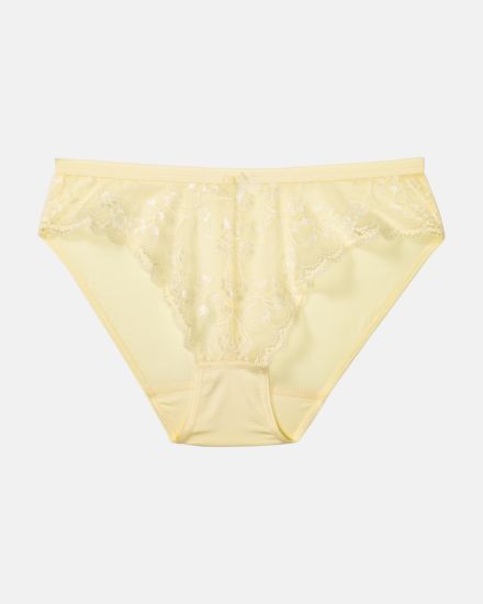 Bikinislip in zitrone aus der Serie Romy, flach auf einer Oberfläche liegend.