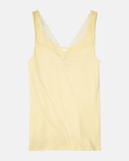 Achselhemd in zitrone aus der Serie Romy, flach auf einer Oberfläche liegend.