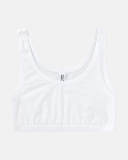 Achselbustier in weiß aus der Serie Bio Cotton plus, flach auf einer Oberfläche liegend.