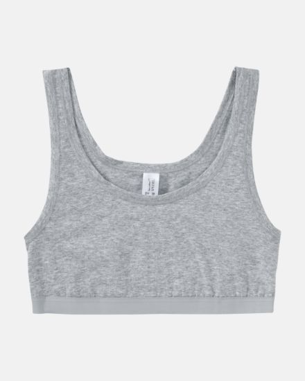 Achselbustier in kiesel mélé aus der Serie Bio Cotton plus, flach auf einer Oberfläche liegend.