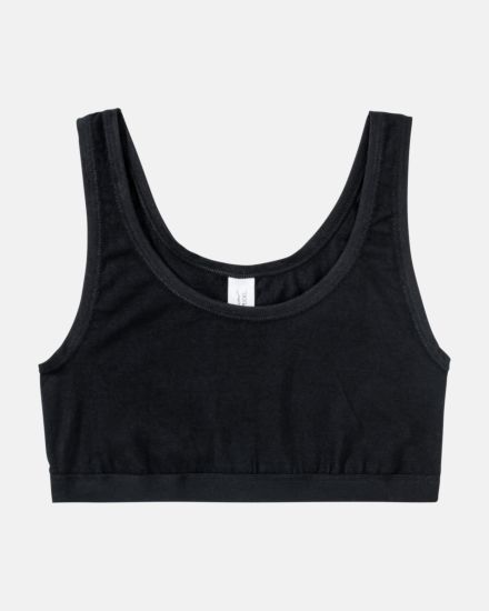 Achselbustier in schwarz aus der Serie Bio Cotton plus, flach auf einer Oberfläche liegend.