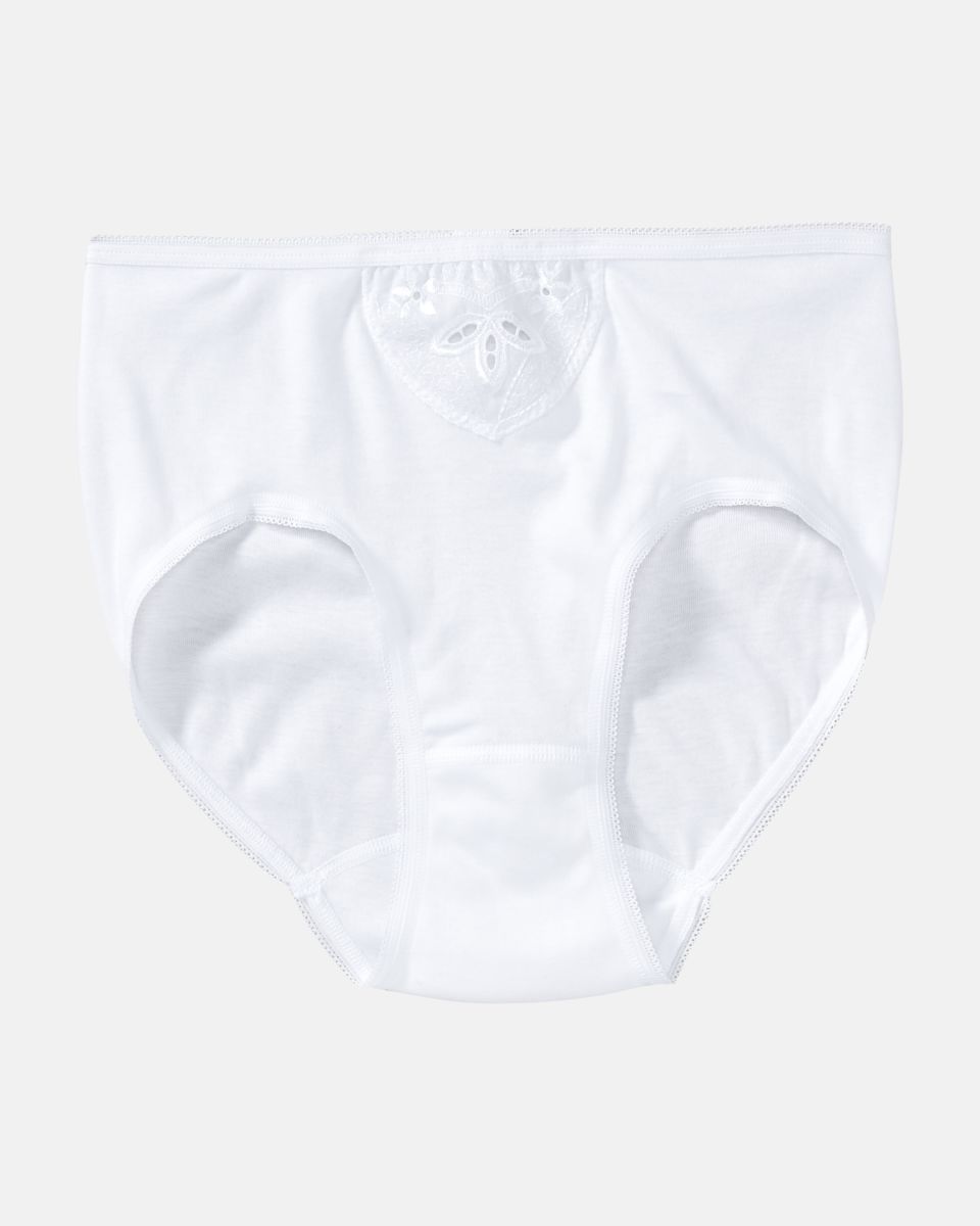 Hüftslip in weiß aus der Serie Noelle, flach auf einer Oberfläche liegend.