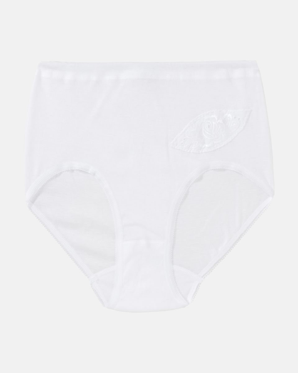 Taillenslip in weiß aus der Serie Noelle, flach auf einer Oberfläche liegend.